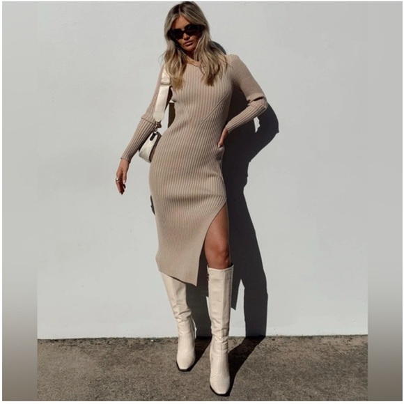 525 America Long Sleeve Ribbed Dress Set - Beige and Light Blue - Picture 2 of 13